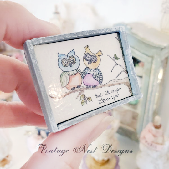 Owl Always Love You No.1:1 Dollhouse Miniature Handmade Wooden Framed Art image 2