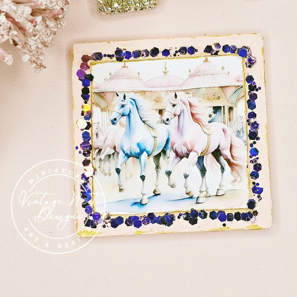 Carousel Horses No.1:1 Dollhouse Miniature Handmade Wooden Framed Art image 3