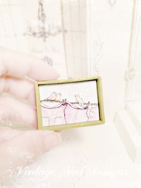 Laundry Birds No.1:1 Dollhouse Miniature Handmade Wooden Framed Art image 8