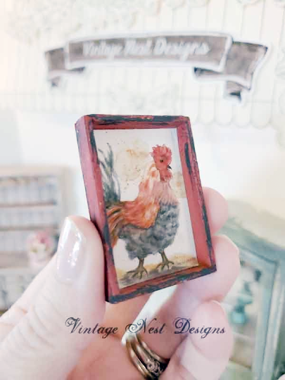 Rooster No.4:2 Dollhouse Miniature Handmade Wooden Framed Art image 3