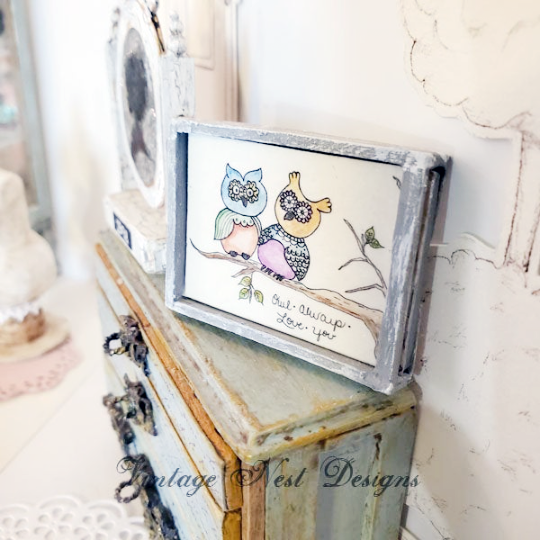Owl Always Love You No.1:1 Dollhouse Miniature Handmade Wooden Framed Art image 3