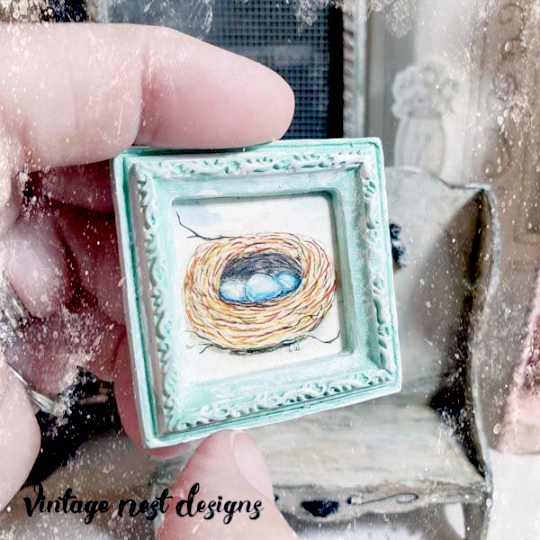 Bird Nest Blue Eggs No.1:1 Dollhouse Miniature Framed Art image 2