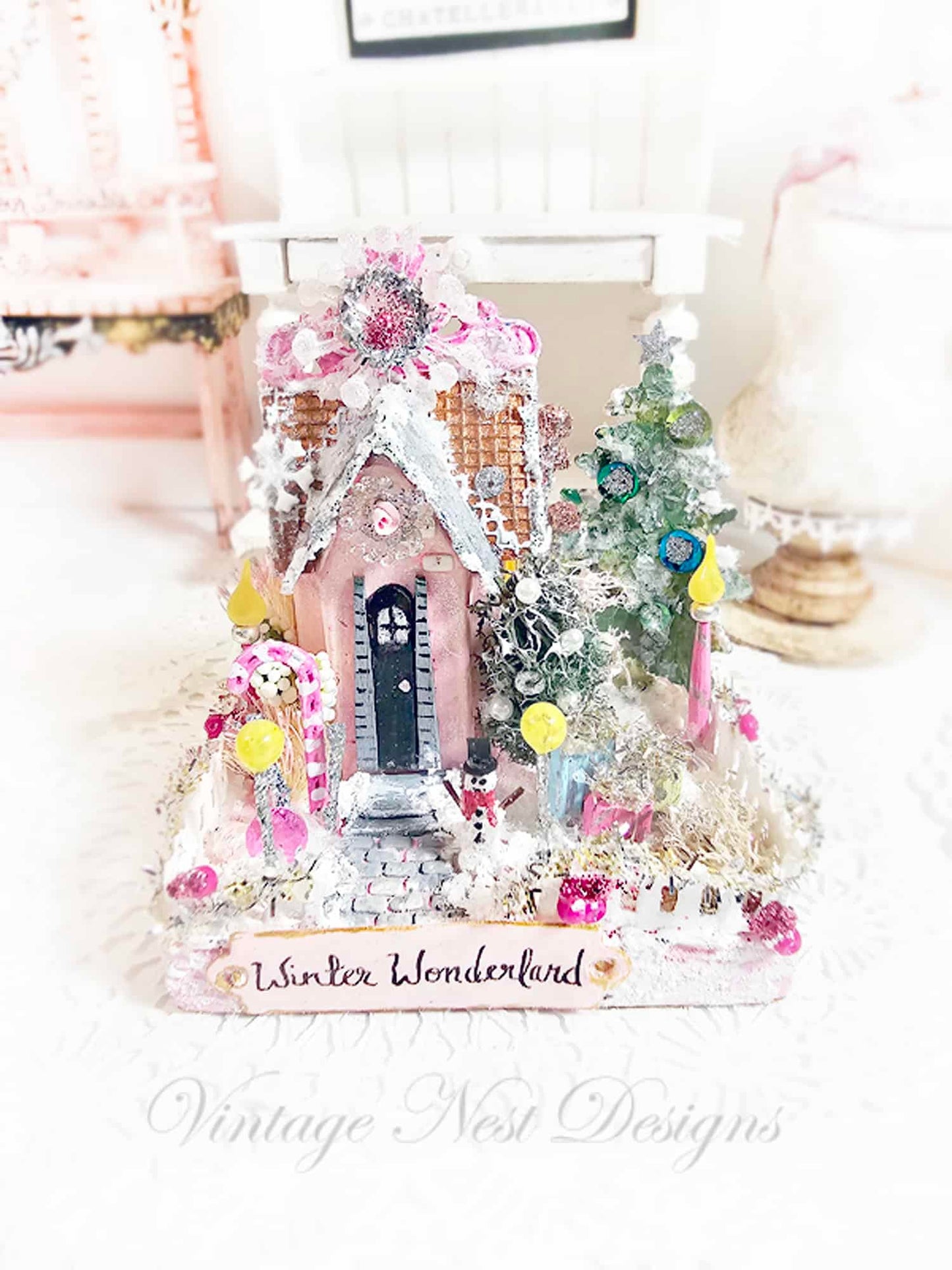 Miniature Christmas Putz Glitter Holiday House No.7 Handmade image 0