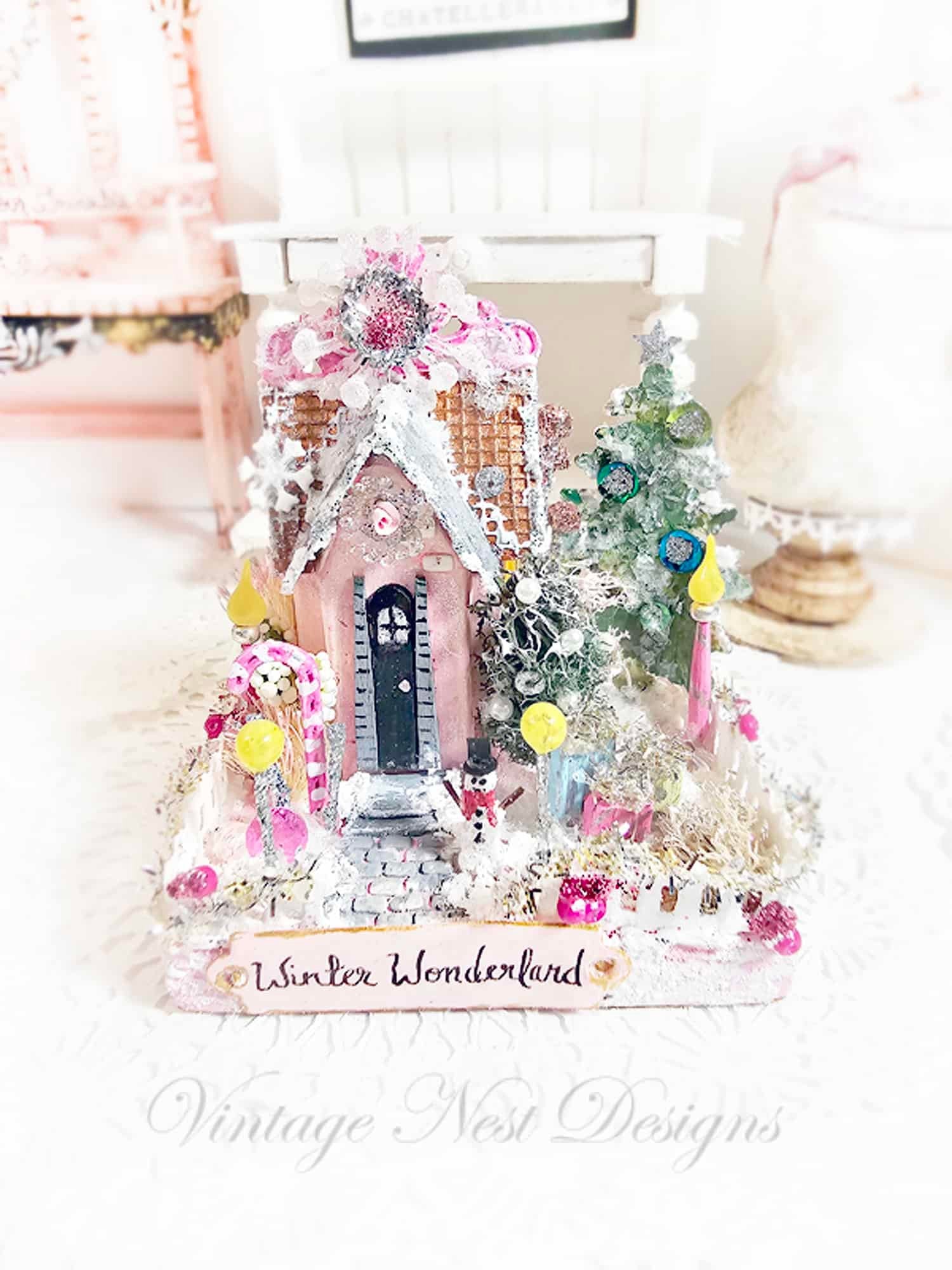 Miniature Christmas Putz Glitter Holiday House No.7 Handmade image 0