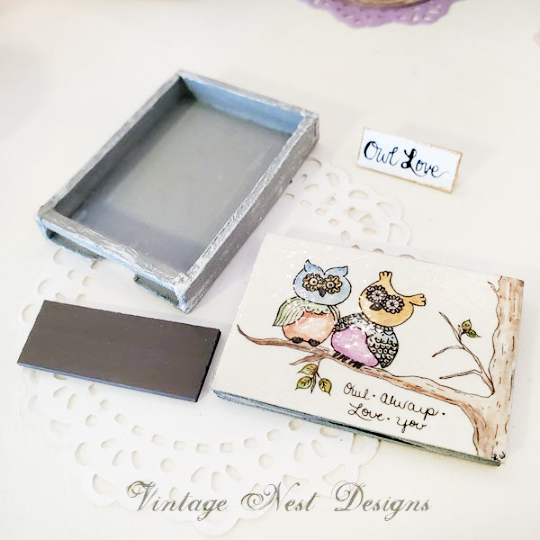 Owl Always Love You No.1:1 Dollhouse Miniature Handmade Wooden Framed Art image 4