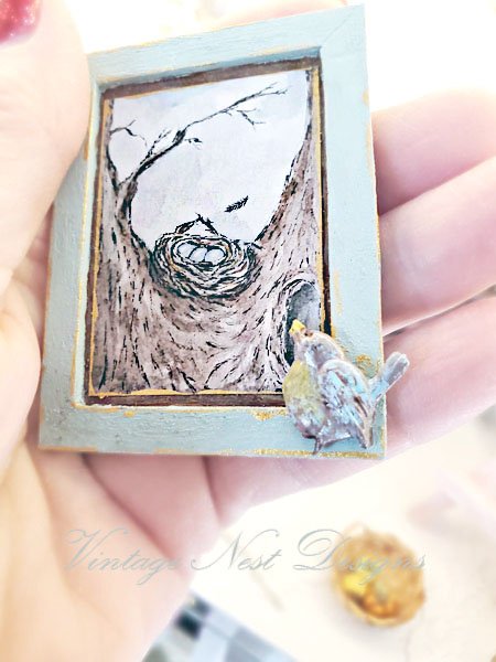 Bird Nest Tree No.2:1 Dollhouse Miniature Handmade Wooden Framed Art image 1