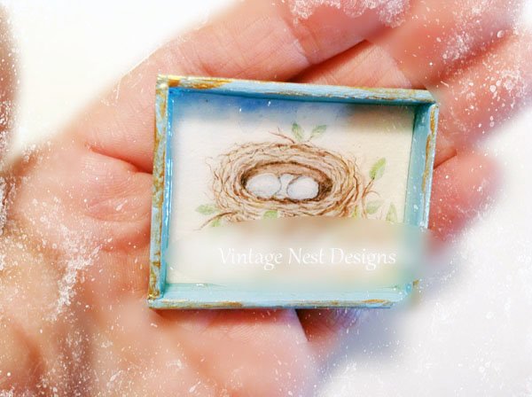 Bird Nest No.23:1 Dollhouse Miniature Handmade Wooden Framed Art image 1