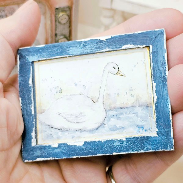 Swan No.2:2 Dollhouse Miniature Handmade Wooden Framed Art image 1