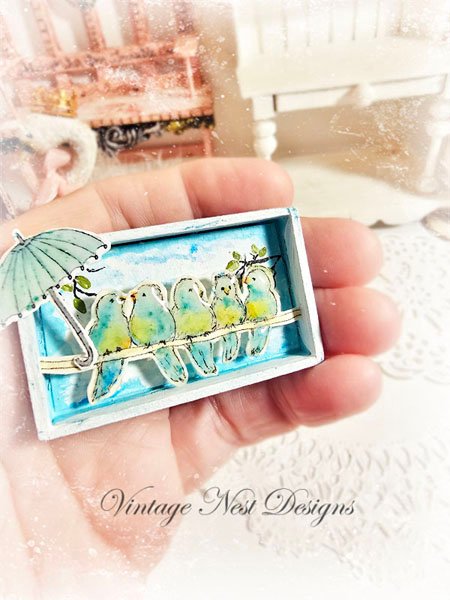 Birds on a Wire No.1:2 Dollhouse Miniature Handmade Wooden Framed Art image 5