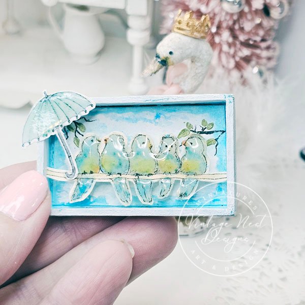 Birds on a Wire No.1:2 Dollhouse Miniature Handmade Wooden Framed Art image 2