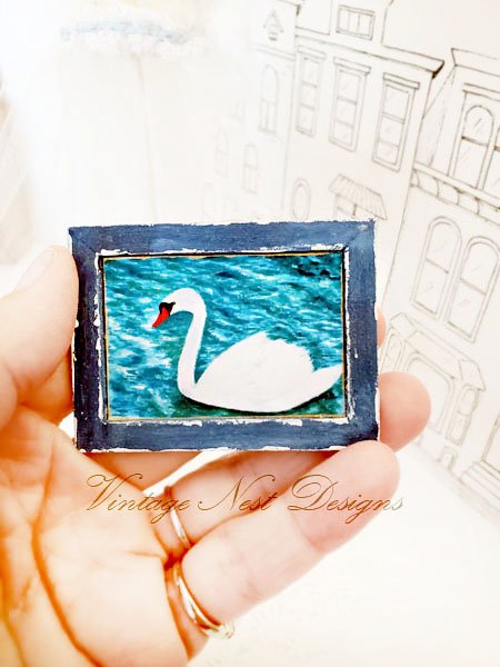 Swan No.3:1 Dollhouse Miniature Handmade Wooden Framed Art image 3