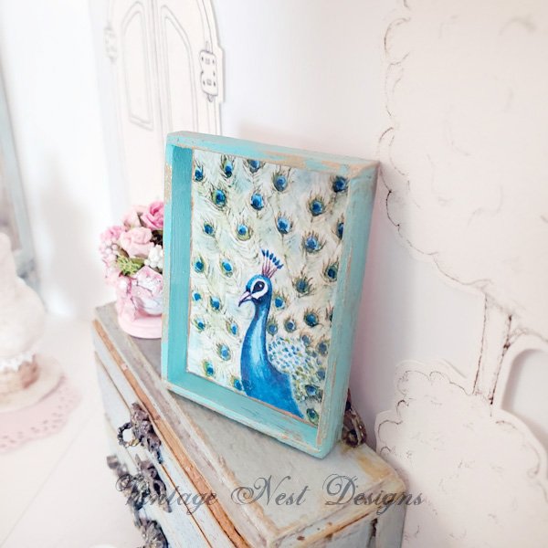 Peacock No.2:2 Dollhouse Miniature Handmade Wooden Framed Art image 3