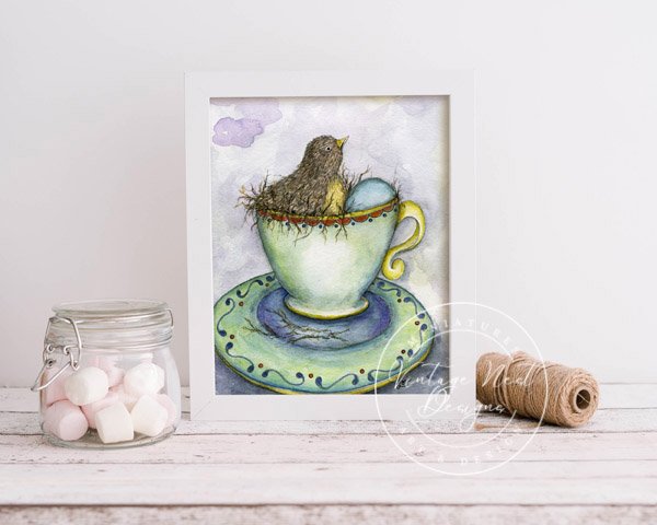 Bird Nest in Tea Cup No.1 Digital Prints Watercolor Painting image 3
