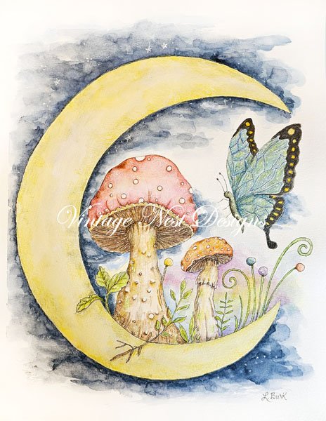 Mushrooms and Butterflies No.1 Original Watercolor Painting image 0