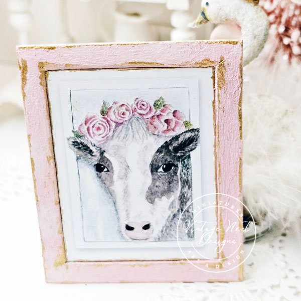 Dollhouse Miniature Cow with Roses No.1:2 Handmade Wooden Framed Art image 4
