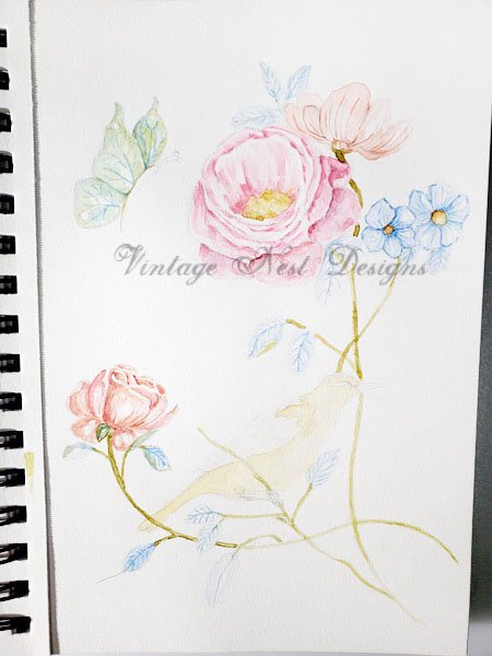 Bird Nest Roses No.5:1 Digital Prints Watercolor Painting image 4