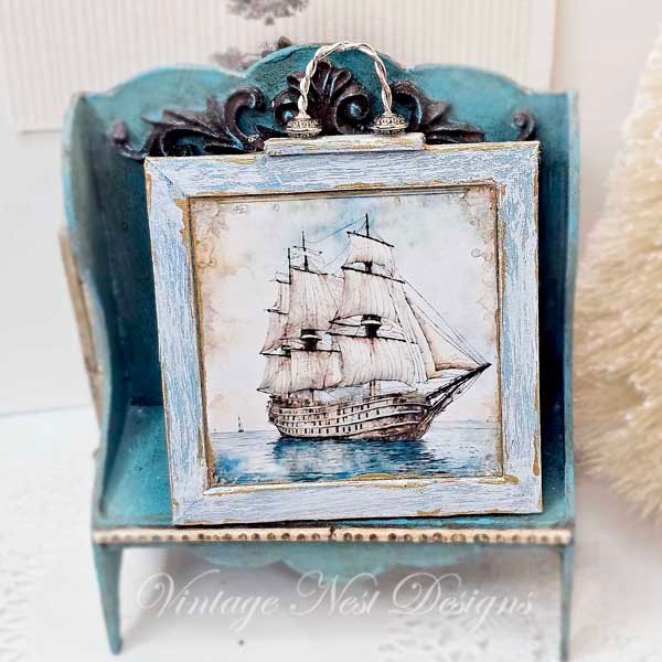Ship Sailing Away No.1:1 Dollhouse Miniature Handmade Wooden Framed Art image 1