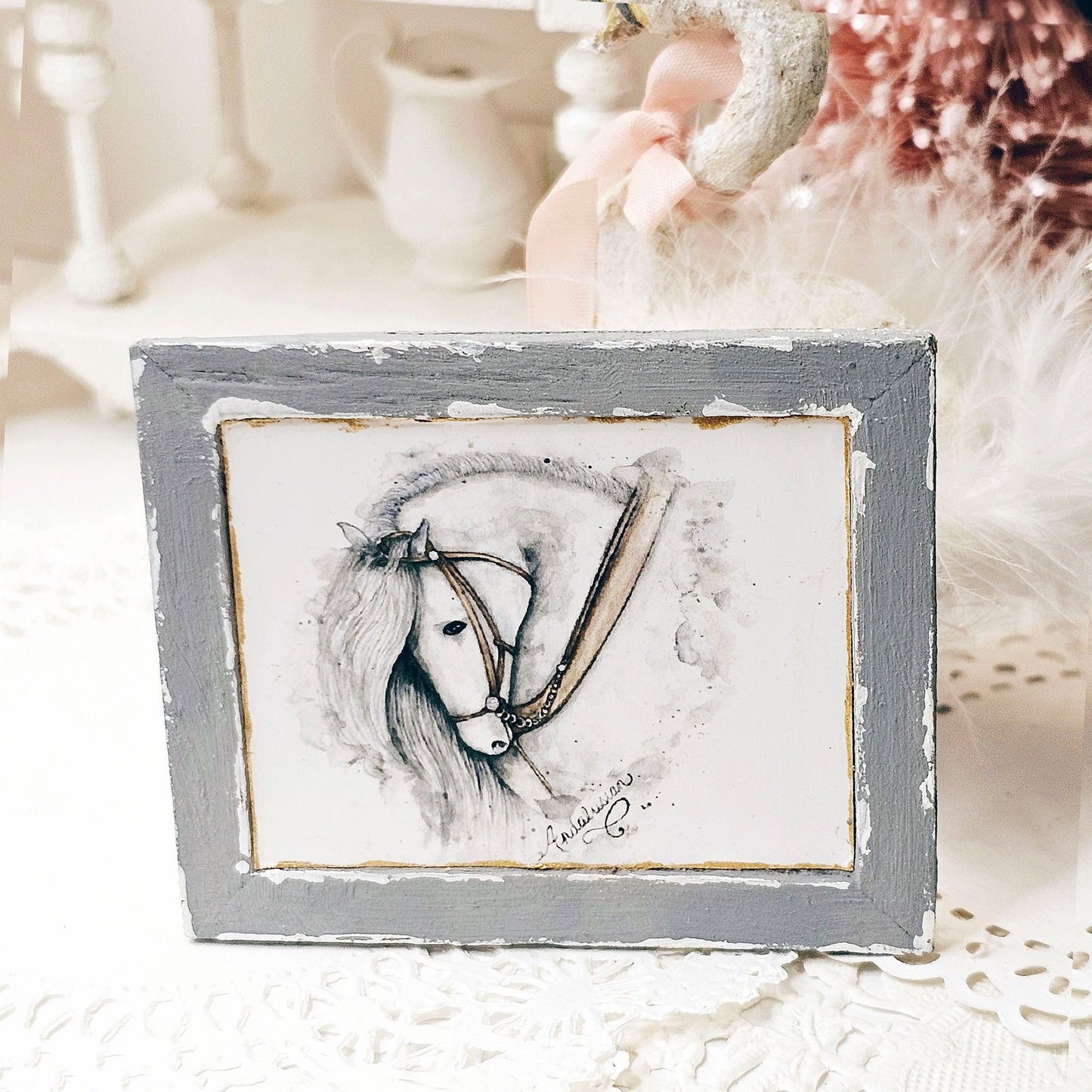 Andalusian Horse No.1:7 Dollhouse Miniature Handmade Wooden Framed Art image 3