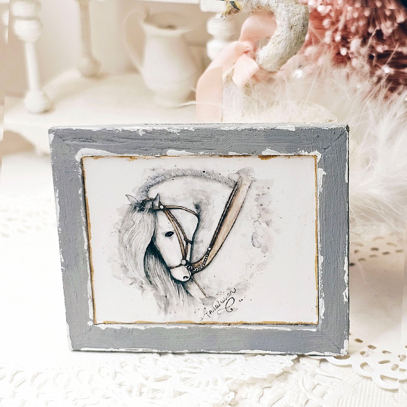Andalusian Horse No.1:7 Dollhouse Miniature Handmade Wooden Framed Art image 3