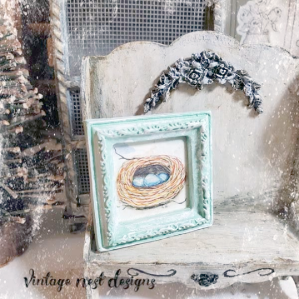 Bird Nest Blue Eggs No.1:1 Dollhouse Miniature Framed Art image 1