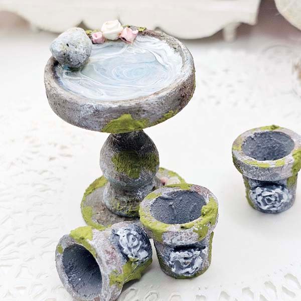 Mossy Bird Bath No.6 Dollhouse Miniature Handmade image 0