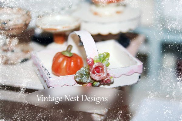 Basket with Roses Wooden Box No.1 Dollhouse Miniature Handmade image 0