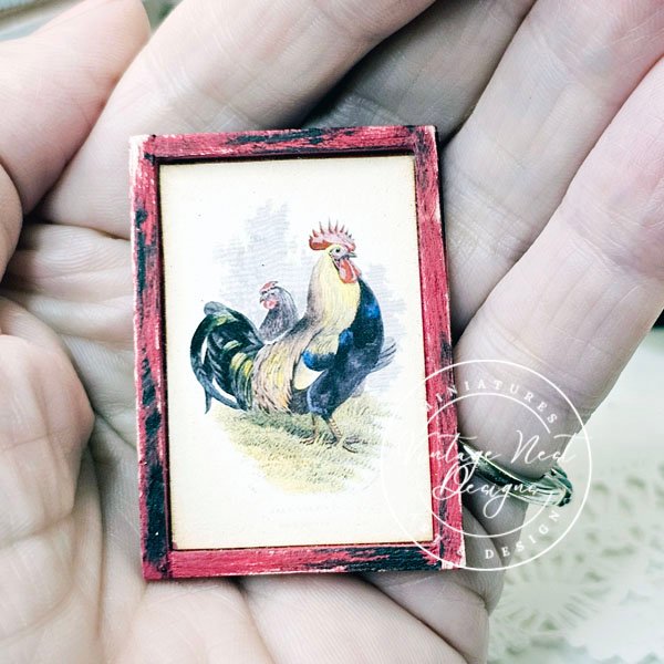 Rooster No.2:1 Dollhouse Miniature Handmade Wooden Framed Art image 6