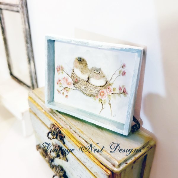 Bird Nest Roses No.5:1 Dollhouse Miniature Handmade Wooden Framed Art image 3
