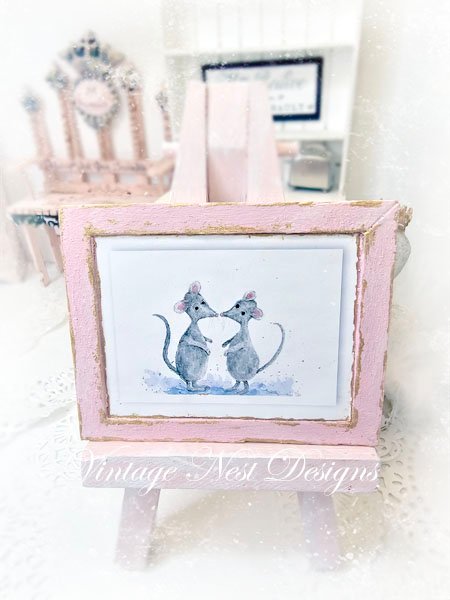 Mice No.8:2 Dollhouse Miniature Handmade Wooden Framed Art image 0