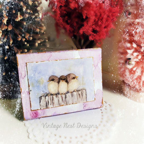 Three Tweets No.1:2 Dollhouse Miniature Handmade Wooden Framed Art image 3