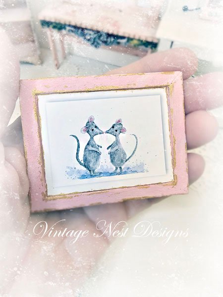 Mice No.8:2 Dollhouse Miniature Handmade Wooden Framed Art image 1