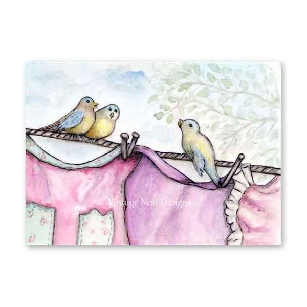 Laundry Birds No.1 Digital Prints Watercolor Painting image 1