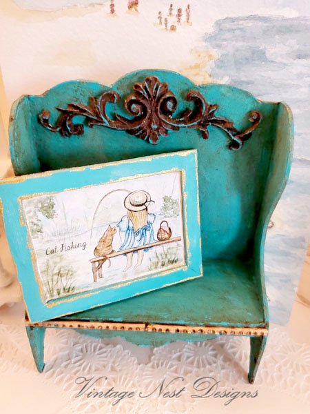 Cat Fishing No.1:3 Dollhouse Miniature Handamade Wooden Framed Art image 5