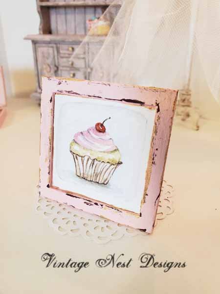 Cupcake No.7:1 Dollhouse Miniature Handmade Wooden Framed Art image 1