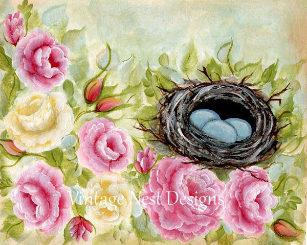 Bird Nest Roses No.3 Digital Prints Acrylic Painting image 0