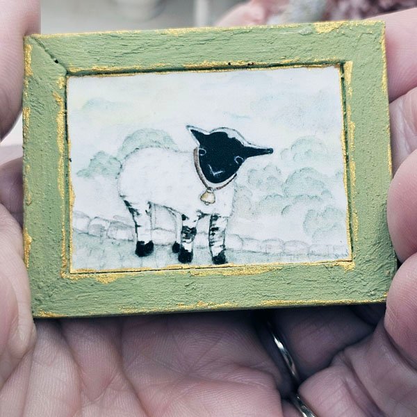 Nursery Lamb No.1:3 Dollhouse Miniature Handmade Wooden Framed Art image 1