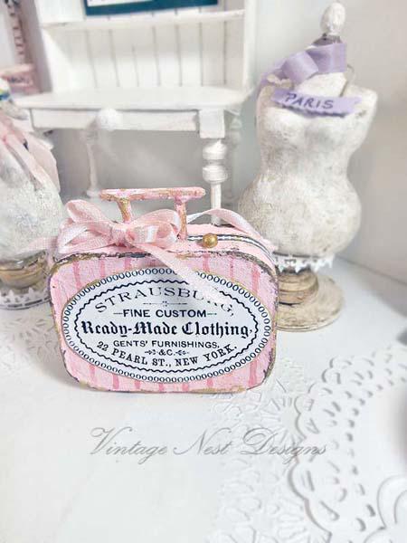 Miniature Pink Luggage Suitcase No.35 Handmade for Dolls