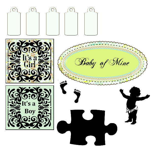 Baby shower decorations with 'It's a Girl', 'It's a Boy' signs, a puzzle piece, and a silhouette of a baby on a white background.