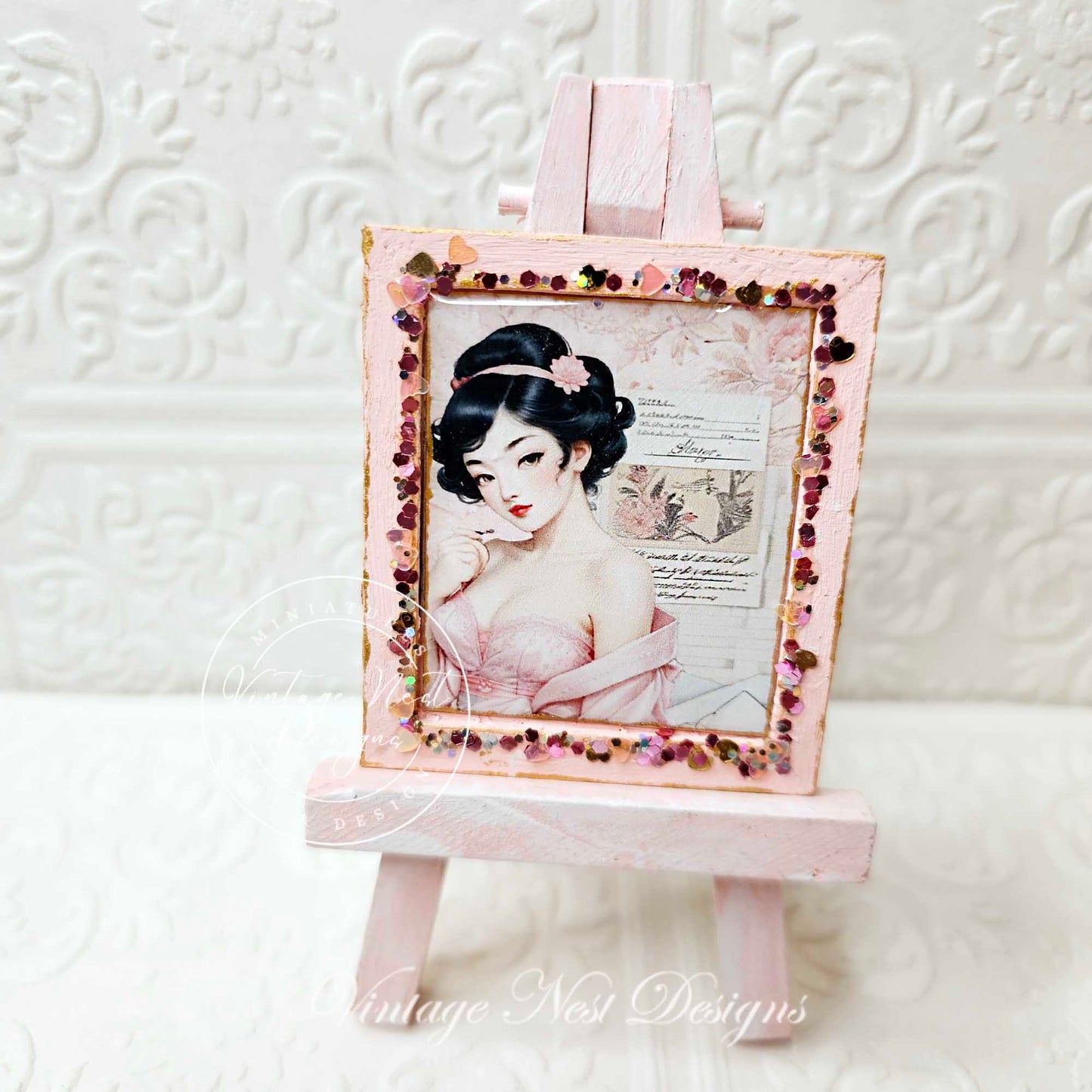 Miniature Asian Woman No.2-1 Pink Wood Frame Dollhouse Wall Decor 1:12 Scale
