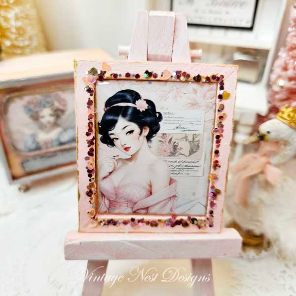 Miniature Asian Woman No.2-1 Pink Wood Frame Dollhouse Wall Decor 1:12 Scale