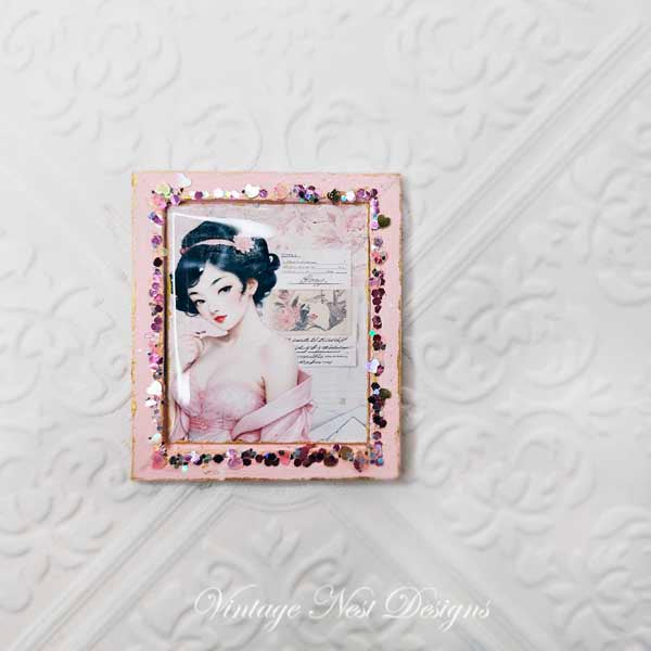 Miniature Asian Woman No.2-1 Pink Wood Frame Dollhouse Wall Decor 1:12 Scale