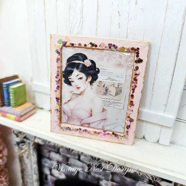 Miniature Asian Woman No.2-1 Pink Wood Frame Dollhouse Wall Decor 1:12 Scale