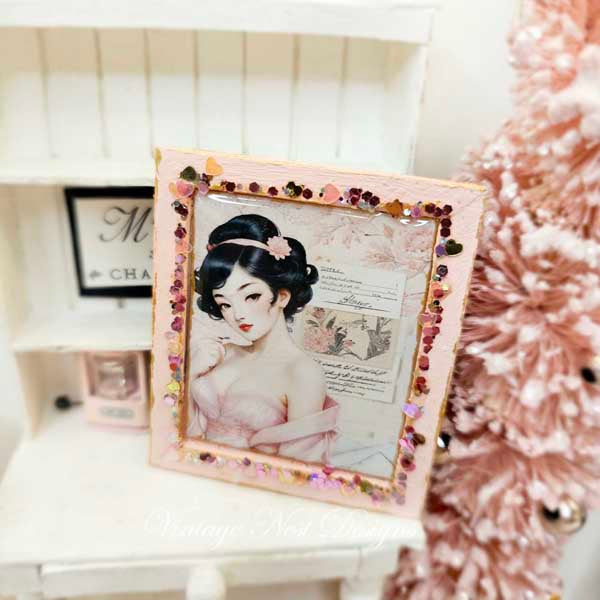 Miniature Asian Woman No.2-1 Pink Wood Frame Dollhouse Wall Decor 1:12 Scale