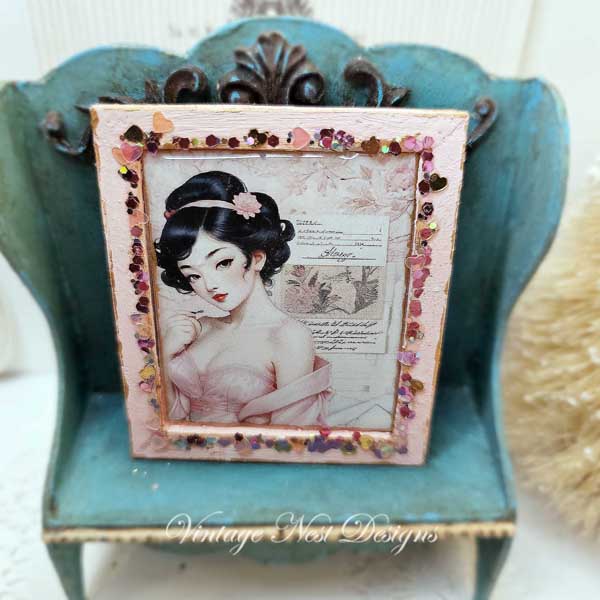 Miniature Asian Woman No.2-1 Pink Wood Frame Dollhouse Wall Decor 1:12 Scale