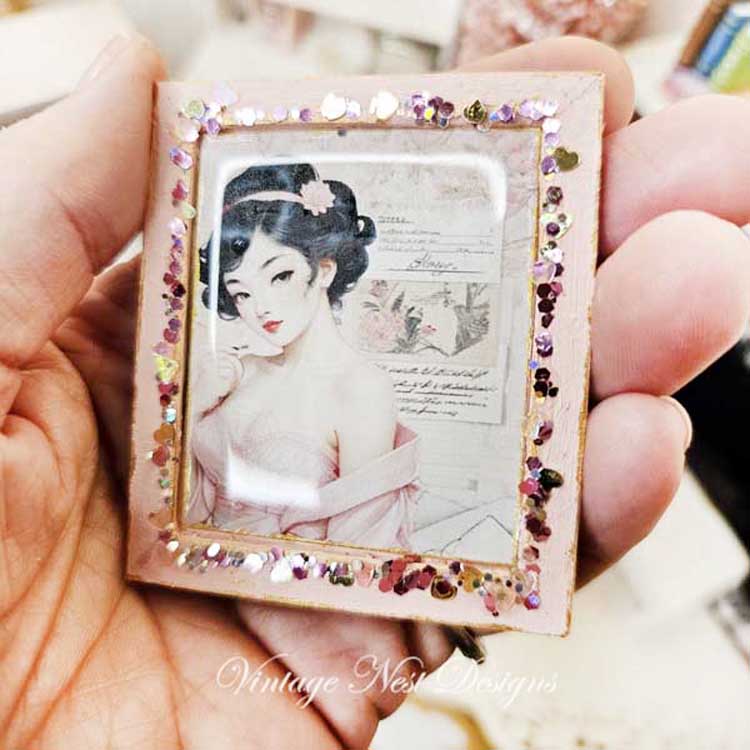 Miniature Asian Woman No.2-1 Pink Wood Frame Dollhouse Wall Decor 1:12 Scale