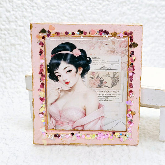 Miniature Asian Woman No.2-1 Pink Wood Frame Dollhouse Wall Decor 1:12 Scale