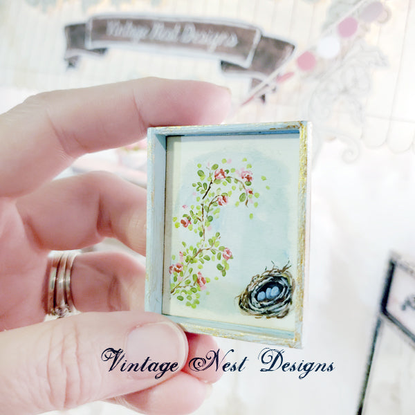 Miniature Bird Nest Roses No.15:1 Dollhouse Handmade Wooden Framed Art