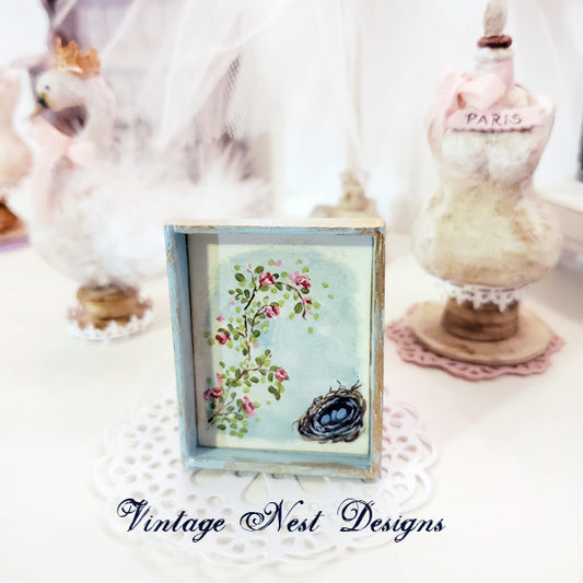 Miniature Bird Nest Roses No.15:1 Dollhouse Handmade Wooden Framed Art