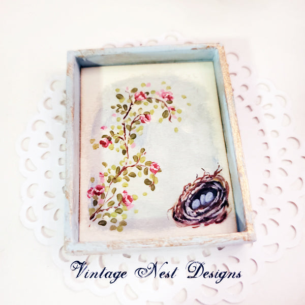 Miniature Bird Nest Roses No.15:1 Dollhouse Handmade Wooden Framed Art