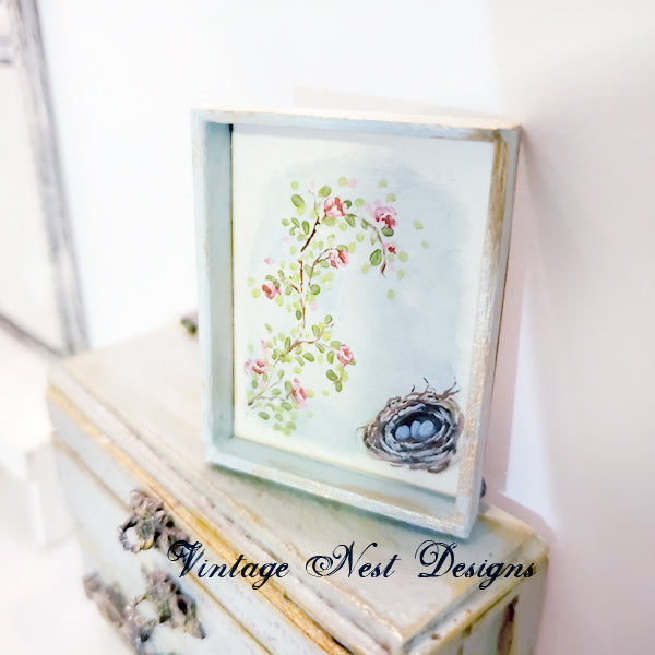 Miniature Bird Nest Roses No.15:1 Dollhouse Handmade Wooden Framed Art